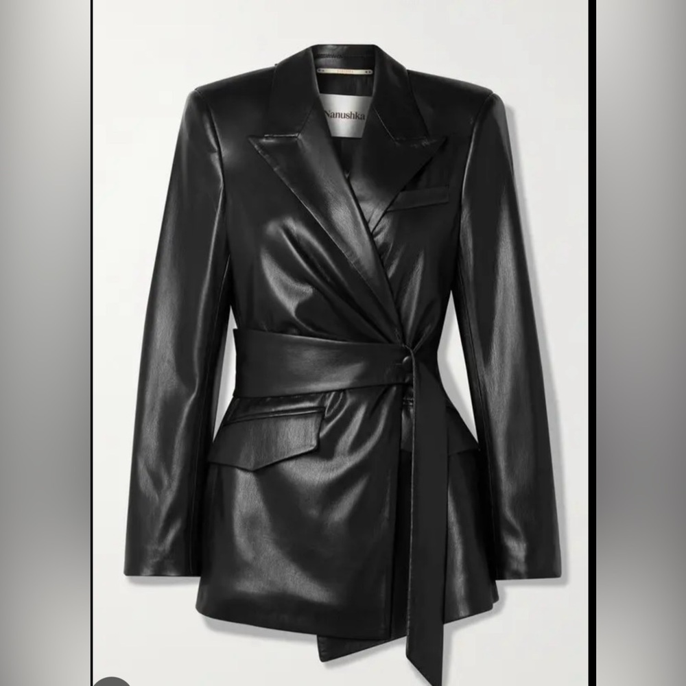 Nanushka Black Vegan Leather “Bea” Wrap Jacket